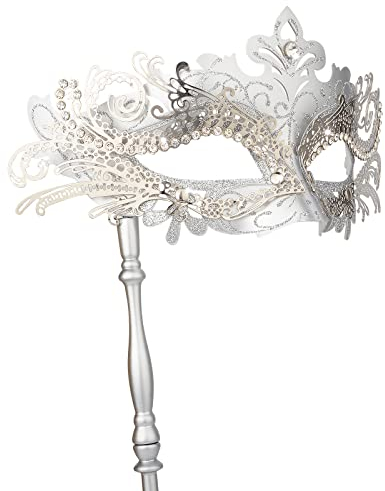 Hoshin Maskenmaske mit Stock, Mardi Gras Deecorations Venezianische Masken für Damen (Silber)