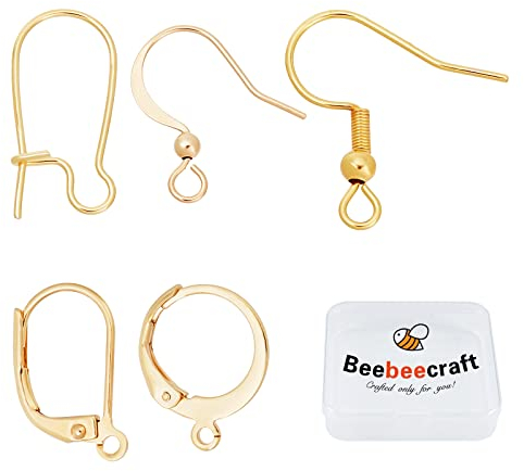 Beebeecraft 1 Box 50 Stück 5 Stil Ohrringhaken Mit Schleifenloch 18K Vergoldetes Ohrringherstellungsset Leverback Huggies Ohrhaken Für Die Herstellung von Schmuckohrringen