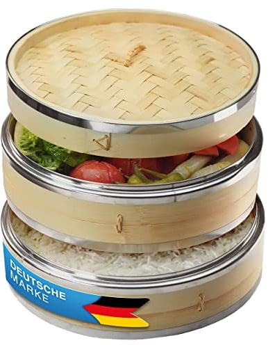 Dimono® cuiseur vapeur bambou avec inox, 2 étages de cuiseur vapeur avec couvercle, panier vapeur cuiseur à riz bambou pour Sim Sum Dumplings, légumes, riz, viande, poisson (Ø 24 cm)