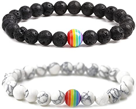 TTBDDM 2 Piezas Piedras Naturales Pulsera, Pulsera de Cuentas de Roca, Pulseras de Distancia, Pulsera de Orgullo, Pulsera Arcoíris, para Regalos de Hombres y Mujeres