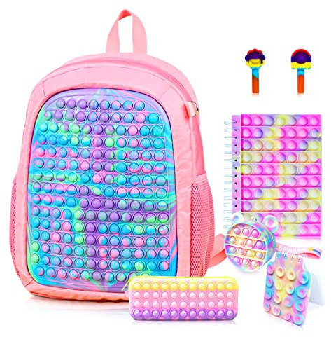 Großer Pop-It-Rucksack für Mädchen, Pop-it-Taschen & Pop-It-Notizbuch und Federmäppchen für Kinder, Schulbedarf für Grundschüler, Stressabbau, tolles Geburtstagsgeschenk für Kinder