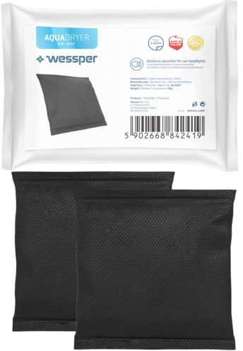 Wessper AQUADRYER ON-Off 2X Deshumidificador Coche | Negro, Pequeño Bolsa Deshumidificadora (2x50 g) Bolsa Antihumedad para Automóvil contra Faros Empañados | Desecante de Gránulos del Coche y Faros