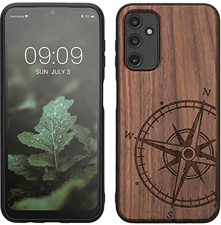 kwmobile Hülle kompatibel mit Samsung Galaxy A14 5G Hülle - Holz Case - Handy Cover - TPU Handyhülle in Dunkelbraun Kompass Vintage