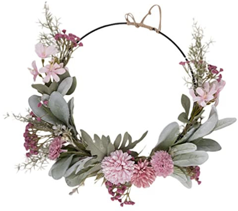 PRETYZOOM Artificial Flower Wreath, Pink Floral Lambs Ear Leaves Wreath Lambs Ear Leaf Welcome Front Door Hanging Wreath Greenery Table Centerpiece For Home Indoor Outdoor