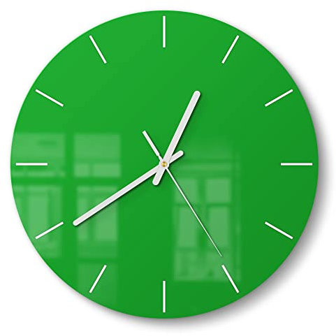 DEQORI Glasuhr | rund Ø 30 cm | Unifarben - Mittelgrün | ausgefallene leise Design Uhr aus Glas | Wanduhr für Wohnzimmer & Küche | Moderne Hingucker Uhr für die Wand