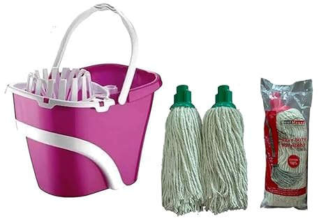 Best House Heavy 2 PCS Duty Mop Bucket 16.5 Litre Plastic With Wringer and Wheels + 2 PCS Cotton 14 Ply Plastic Push Socket Mop Head