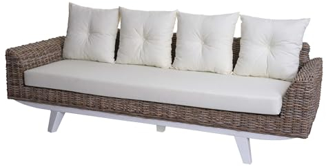 Mendler Sofa HWC-M32, 4-Sitzer Couch Rattansofa Loungesofa mit Kissen, 209cm Kubu Rattan Natur Stoff/Textil Polster Creme