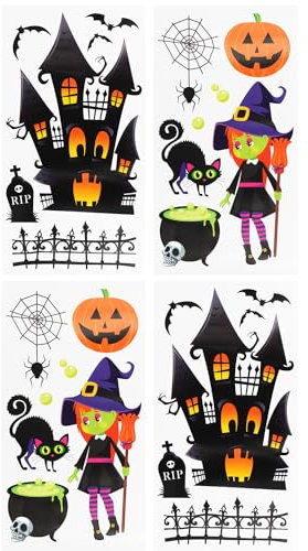 com-four® 4x Halloween-Fensteraufkleber - selbstklebende Fensterbilder - Fensterdekoration - Fenstersticker mit Halloweenmotiven [Auswahl variiert] (2x Hexe und Haus)