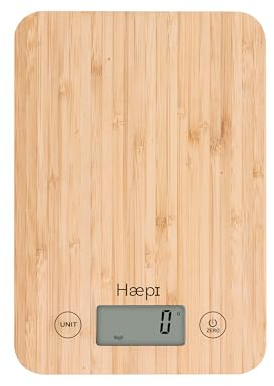 Haepi, balance De Cuisine Electronique En Bambou De Haute Précision 5000g/1g, Fonction Tare, Fonction Liquide, Design, Plateau En Bambou, Piles Incluses, Garantie 15 Ans