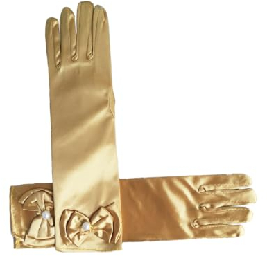 Wambere Damen Lange Handschuhe Prinzessin Mädchen Satin Handschuhe mit Schleife Kommunionhandschuhe Mädchen Brauthandschuhe für Kinder Hochzeitskleid Fasching Halloween partyzubehör Kostüm,Gold