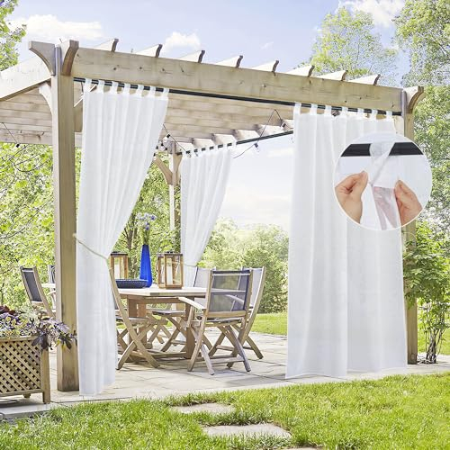 PONY DANCE Outdoorvorhänge mit Abnehmbaren Schlaufen Terrasse Vorhänge Transparent Leinenoptik Gardinen Weiss Balkon Vorhang Outdoor Curtains, 2 Stücke H 213 x B 137 cm