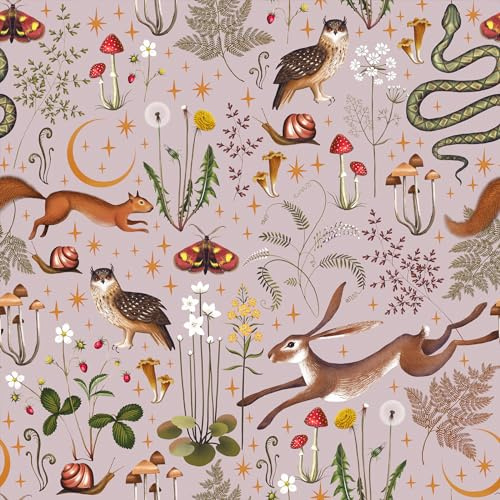 VEELIKE Papier peint rose à décoller et à coller Motif forêt de conte de fées avec lune, étoiles, champignons, pour murs, chambre d'enfant, chambre à coucher, 45 x 300 cm, papier peint en vinyle