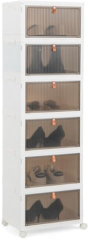 COSTWAY Scarpiera Pieghevole a 3/4/6 Piani, Mobile Multiuso Impilabile con Porte Trasparenti Magnetiche e Ruote Piroettanti Bloccabili, Contenitore con Coperchio per Cibi Giocattoli Abiti (6 Piani)