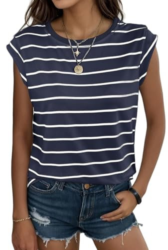 YUTILA Damen Rundhal Ausschnitt Casual Gestreift Tshirt Sommer Tops