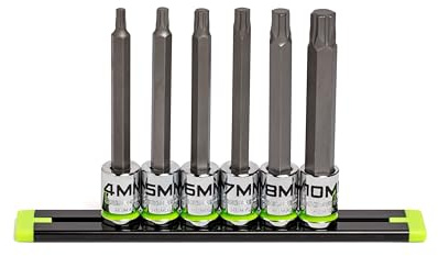 GRIPEDGE HEX Bit Socket Set | 6-PC - 3/8'' Drive Long Metric RPT Hex Driver Set | Sizes 4, 5, 6, 7, 8, 10 MM | Made with S2 Steel | Includes Premium Aluminum Storage Rail |
