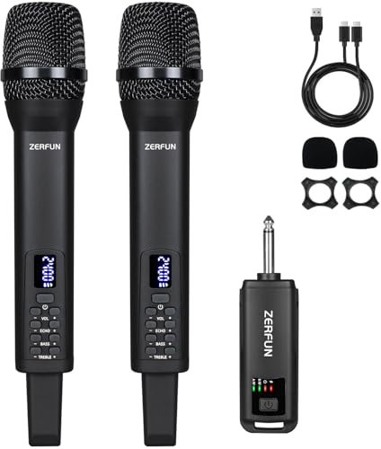 ZERFUN Microphones sans fil rechargeables, système de micros dynamiques sans fil avec contrôle Echo Treble Bass VOL pour karaoké, chant, fête à l'église, sortie 6,35 mm, D240, noir