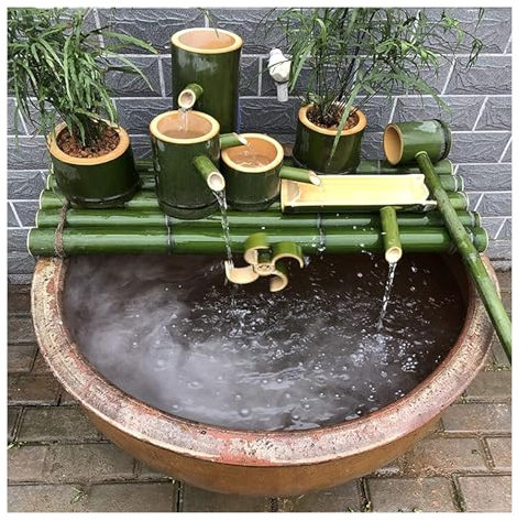 YYUINU Fontaine d'eau de Bassin et de Jardin en Bambou à Trois Niveaux, décorations intérieures/extérieures en Bambou, avec Pompe, Circulation d'eau de réservoir de Poissons,45CM