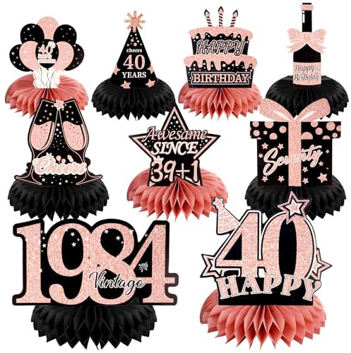 Tischdeko 40 Geburtstag Frauen, 9 Stück, 40. Geburtstagsdeko, Deko 40. Geburtstag Mädchen, Roségold-Schwarz Papier Geburtstag Bienenwaben Deko fürGeburtstagsparty Zubehör…