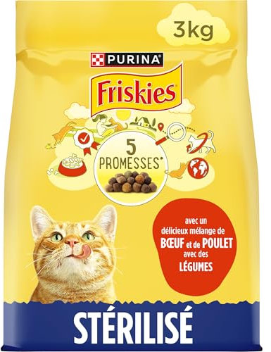 FRISKIES | Chat | Croquettes complètes pour Chats Adultes stérilisés | Au Boeuf, Au Poulet et aux Légumes | Aliment Complet pour Les Chats stérilisés | Sac | 3 KG