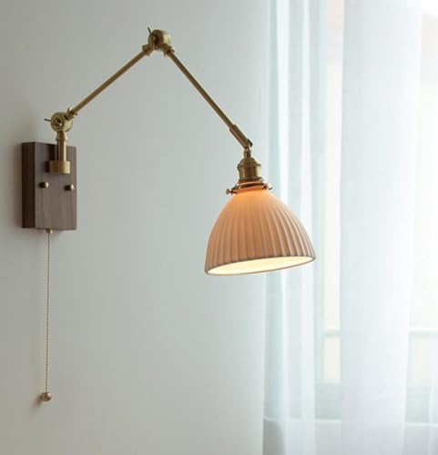 SXYSXYSXY Vintage Schwenkarm Wandlampe Holz Messing Wandleuchte Mit Schalter Innen Nachttischleuchte Keramikschirm Schlafzimmer Leselampe Wandbeleuchtung für Wohnzimmer Flur E27