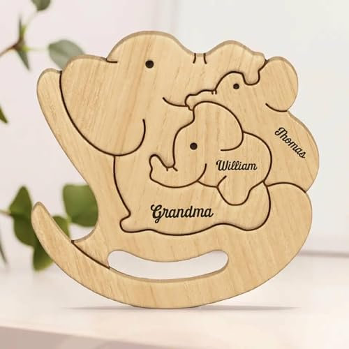 Drawelry Personalisiert Elefanten Holzpuzzle Dekoration mit 2–8 Familien Umarmen Namen Gravur Statue Ornamente Holz Tier Skulptur Puzzles Home Dekor Geschenke für Familie Freund Paar Papa Mama (A7)