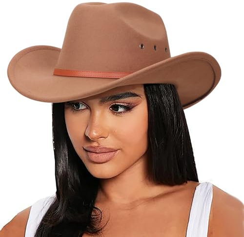 DRESHOW Cowboyhut für Damen & Herren Viehzüchter Western Fedora Filzhut Cowgirlhut mit Breite Krempe und Schnallengürtel Unisex Aufrollbare Krempe Hut