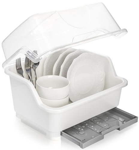 Acshio Escurridor de platos, soporte de plástico para secadora con tapa, escurridor extraíble, utensilios de cubiertos, organizador de biberones para vajilla, armario de cocina