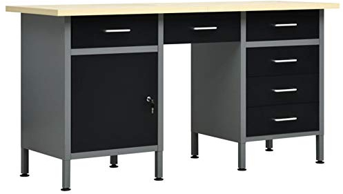 IKAYAA Banco de Trabajo de Acero 160 x 60 x 85 cm, con 6 Cajones y 1 Compartimento con Cerradura, Mesa de Trabajo Taller, Banco de Trabajo Taller, Mesa Trabajo, Banco de Carpintero, Banco Herramientas