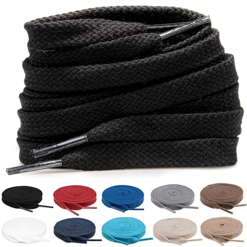 TULMERO 2 pares de cordones 100% algodón – Cordones planos de 8 mm de ancho para zapatillas de deporte, Negro , 90