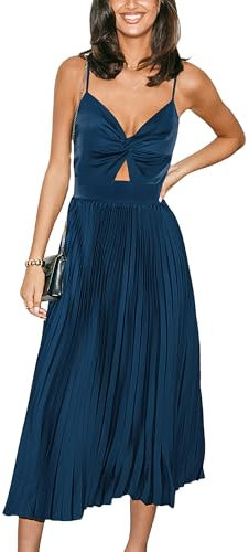 CUPSHE Damen Kleid Satin V-Ausschnitt Ärmellos Freizeitkleider Plissiert Front Twist Party Elegant Maxi Cami Dress Marineblau L