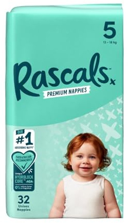 Rascals Premium Babywindeln – bequeme und auslaufsichere Windel für Babys von 13–18 kg – weiche und sanfte Windeln, Größe 5, 32 Stück