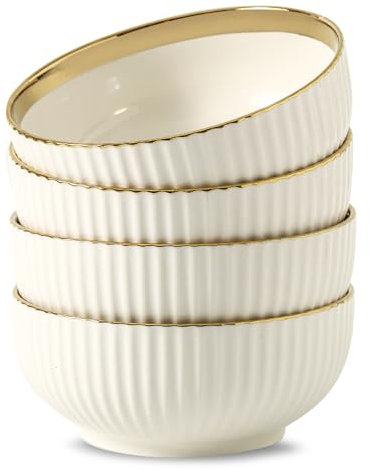 LETAOTAO Cereal Bowl Set of 4, Ceramic Cereal Bowls for Kitchen, 6 Inch Deep Soup Bowls Set, White Bowl Set with Gold Trim, Serving Bowls Set for Salad, Pasta, Oatmeal,Fruits, Decorative Bowls(28oz)