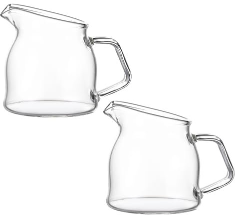 Mokylor 2 Stück Mini-Glaskrug, 100 Ml, Transparenter Milchaufschäumer, Glas-Milchkännchen, Krug mit Griff, Elegant Geformte Karaffe, Kaffeetassentopf für Milch, Kaffee, Tee, Sirup