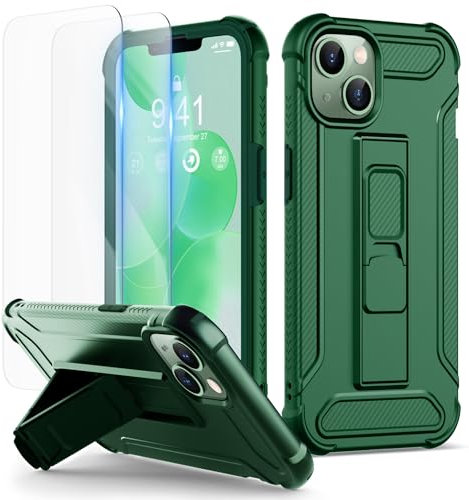 ORETECH for iPhone 13 Case, and [2 Pack 9H Anti-Scratch Tempered Glass Screen Protector] [Built-in Kickstand] Military Grade Shockproof Ultra Thin Silicone Bumper PC Hybrid Cover - Green