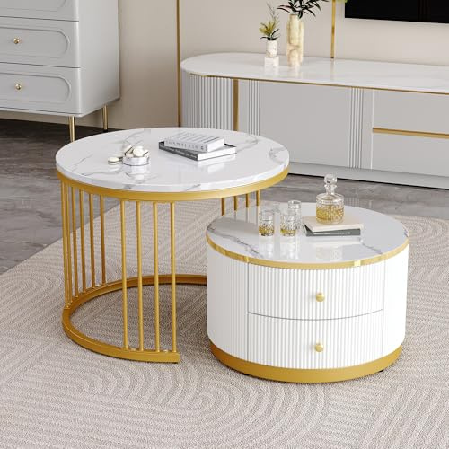 Merax Rund Couchtisch Set, 2-in-1 Beistelltisch Satztisch 2er Modern Wohnzimmertisch mit Stauraum, in Nestform, mit hochglänzender Marmoroptik/2 Schubladen, für Wohnzimmer Büro(Weiß)