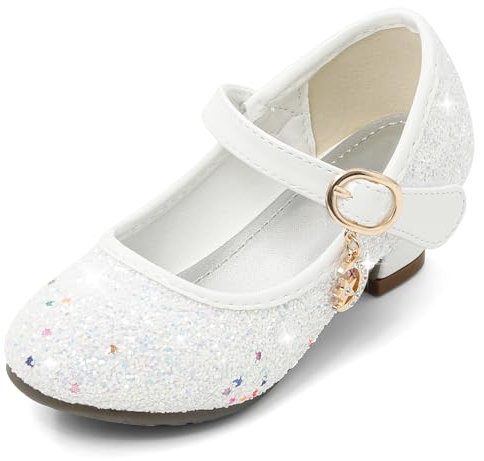 Cheerful Mario 5-10 Jahre Prinzessinnen Schuhe Mädchen Pailletten Ballerinas mit Absatz Glitzer Mary Jane Halbschuhe Kinder Party Weiß 34 EU