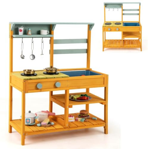 HOMASIS Juguete de Cocina Infantil de Madera, Cocina interactiva con 3 Ganchos, 1 Fregadero y 2 fogones, Juguete Educativo para niños Mayores de 3 años, 75 x 36 x 92 cm (Amarillo)