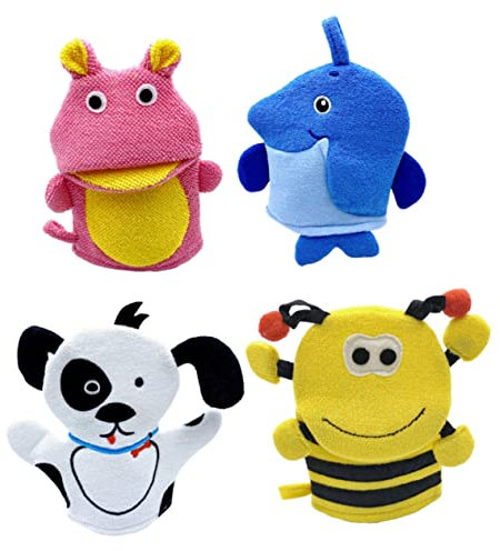 DECHOUS 4Stücke Bademitt Cartoon Waschlappen Für Tierdesign Pinguin Duschhandschuhe Weichem Material Für Badezimmer