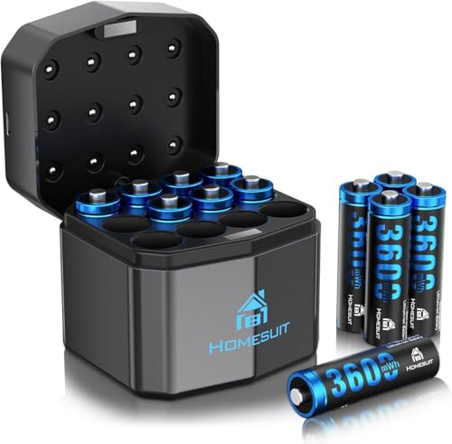 Homesuit Batterien AA 12 Stück 1,5V 3600mWh Wiederaufladbare Lithium Akkus mit Schnelllade Ladegerät für Spielzeug, Digitalkamera, Sport & Outdoor