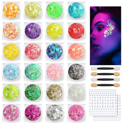 BUTBU Fluorescente Paillettes, 24 Colori Gel Glitter per Corpo, Fluoreszierendes Glitzer, Brillantini Make Up Gel per Corpo, Labbra, Trucco, Mascherata, Halloween, Natale, Musicali Feste