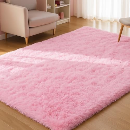 XSIVOD Hochflor Teppich Hellrosa 200x300 cm, Weicher Teppich Wohnzimmer | Waschbarer flauschiger Hochflor Teppich, rutschfeste Matte für Schlafzimmer, Kinderzimmer und Büro, moderner weicher Teppich