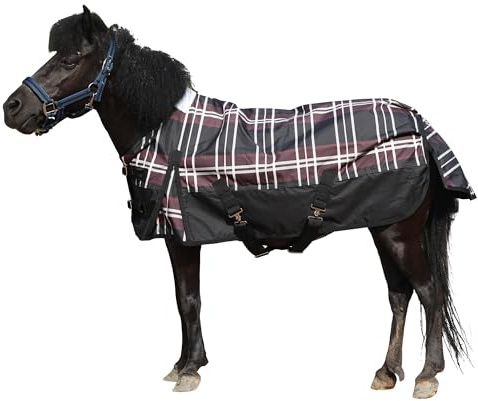 Leberna 600D Ripstop-Pferdedecke, wasserdicht, für Shetlandpony, Esel und Miniaturpferde (ohne Füllung) (rotes Karomuster, 90 cm)