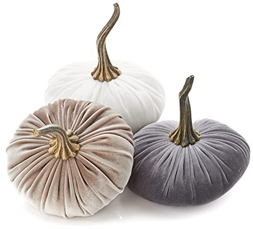 Set of 3 Velvet 16 cm Pumpkins, neutral fall decor, autumn cozy vibe, Thanksgiving centerpiece, bookshelf office decor, basket gift for friend, elegant tiered tray, hygge home (Gray, Taupe, Ivory)