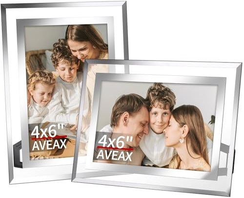 AVEAX 4x6 Picture Frame 2 Pack, Elegant Glass Picture Frame Silver | Real Glass, Wedding Frame for Tabletop Display, Horizontal or Vertical