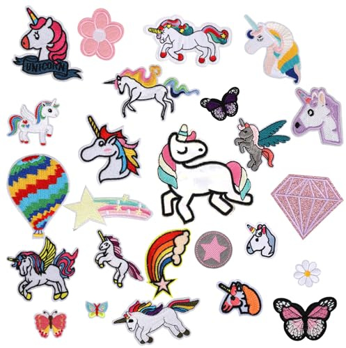 Goktvai 25pcs Unicorn Sew on Embroidery Appliques, Dreamy Unicorn Iron on Patches with Multiple Shape DIY Cute Cartoon Kids Craft Repair Decorative Accessories for Clothes Hat Bag Jeans Dress Shirt