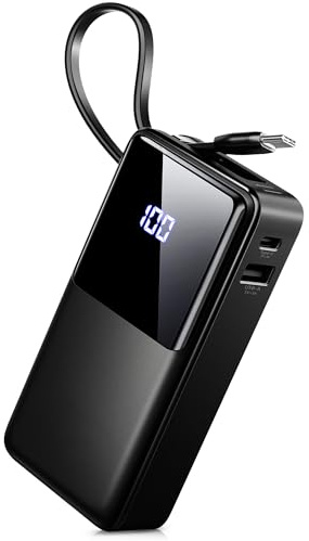 Power Bank, 10000mAh Portable Charger High-Speed Charging 3A USB-C in & out, Pocket Size Battery Pack with Built in Cable, Lightweight Powerbank for iPhone 17/16/15/14, Samsung, Android Phone/Tablet