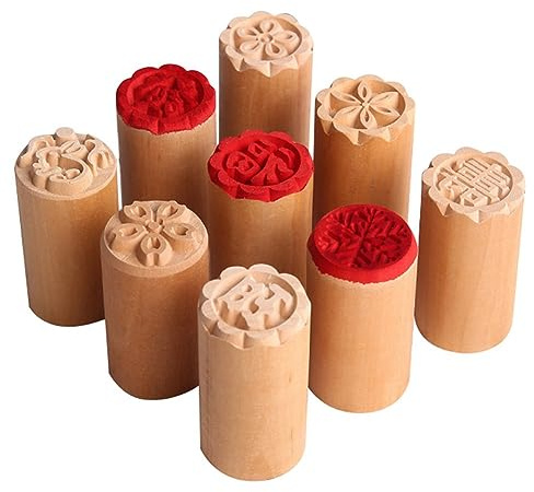 Ujjdwiurgh 9 PCS Timbres de Gâteau de Lune en Bois Timbres de Gâteau de Lune Chinois Traditionnel Manuel Rond en Bois