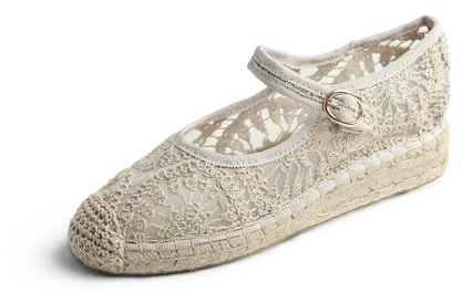 Feversole Womens Wedge Espardril, Alpargatas de Yute con Cuña y Piso de Cuerda Natural con Hebilla Al Tobillo y Punta Cerrada Ganchillo Beige Oscuro Mary Jane 39