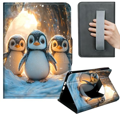HGGJFLYX Case for Kindle Paperwhite 10th 2019,360 Degree Rotating Multi-Angle Viewing Stand,Hand Strap,PU Leather Tablet Cover 6 for Kindle 10th 2019,Auto Sleep/Wake,Penguin Snow