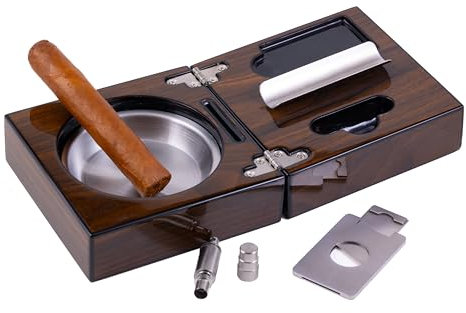 Prestige Import Group Folding Wood Cigar Ashtray Set with Guillotine Cutter, Punch Cutter, Cigar Bed and Stainless Steel Ash Reservoir - Color: Walnut